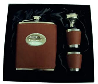 [Custom] Personalised Engraved Brown 7oz Hip Flask Gift Set, with 2 Cups and Funnel