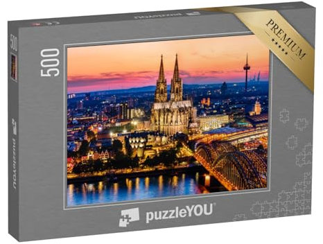 puzzleYOU: Puzzle 500 Teile „Wunderschönes Nachtpanorama des Kölner Doms, der Hohenzollernbrücke und des Rheins“ – aus der Puzzle-Kollektion Kirchen