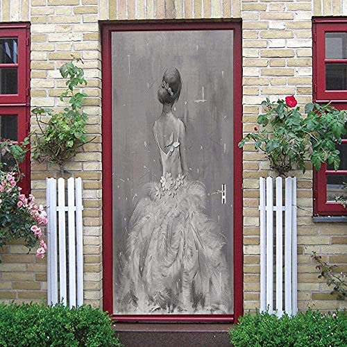 Stickers Porte 3D 90X200Cm Papier Peint Femme Jupe Noir Et Blanc Fleurs Poster De Porte Trompe L'Oeil Pour Maison Décoration Salon Chambre Autocollant Muraux Imperméable Stickers Amovibles