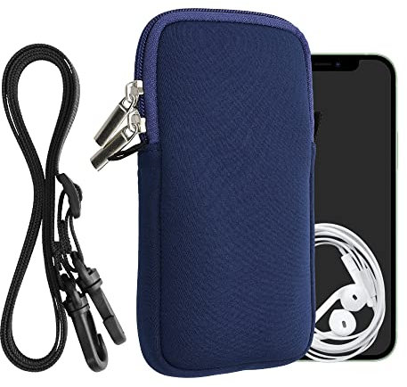 kwmobile Handytasche für Smartphones XL - 6,7/6,8 - Neopren Handy Hülle Dunkelblau mit Kordel - Handy Tasche mit Handykette 17,2 x 8,4 cm Innenmaße
