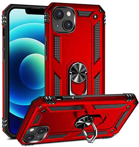 Fetrim Custodia per iPhone 14, Cover PC TPU Cassa Shell Supporto di Anello Rotante Case per Apple iPhone 14 Rosso