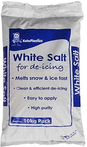 KetoPlastics Salt 10KG Bag White De-Icing Salt with Anti-Caking Agent for Clearing Roads Paths and Driveways of Ice and Snow Pure Clean Dry Free-Flowing Salt Crystals - 10kg