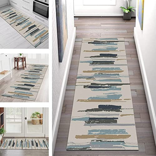 Teppich Läufer Flur Küche Grau Blau rutschfest Waschbar Teppichläufer Lang 40X120CM Küchenläufer Küchenteppich Meterware, Korridor Tepiche Schlafzimmer Esszimmer, Länge Anpassbare Breite 40-120cm