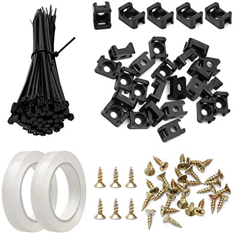 100Pcs Black Cable Tie Mount Bases and Mini 10cm/3.9 Nylon Cable Ties with 2Pcs Double Sided Tape and 100Pcs Screws Set, Cable Management Organizer Kit for Home Wire Management