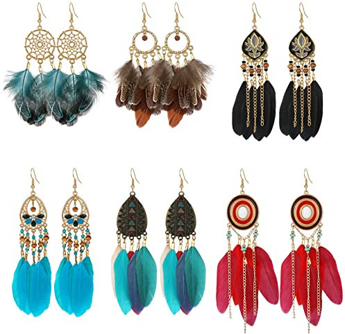 Vspek Bohemian Feder Ohrringe Set - Damen Ethnische Lange Bunte Fransen für Weihnachten, Valentinstag, Muttertag, Geburtstag Geschenk