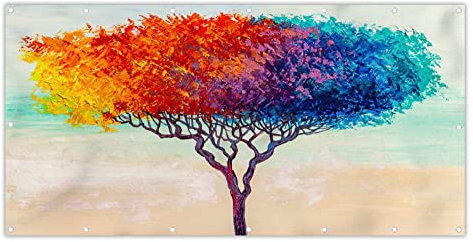 MuchoWow® Balkon Sichtschutz Sichtschutzmatte Balkonbanner Abdeckung für Terrasse Balkon Windschutz Blickdicht Wetterfest 200x110 cm Gemälde - Ölfarbe - Baum - Regenbogen