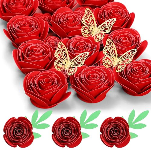 Mverse 18 Stück kleine Papierblumen, Rosen zum Basteln, Abschlusskappe, Schattenbox-Dekoration (rot)