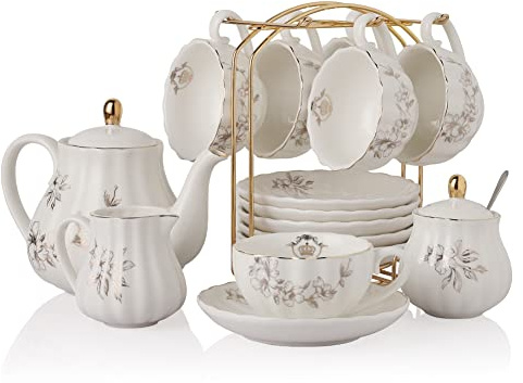 Porcelain Tea Sets British Royal Series, 8 OZ Cups & Saucer Service for 6, with Teapot Sugar Bowl Cream Pitcher Teaspoons and Tea Strainer, Suitable for High Tea, Wedding, Party(Morning glory)