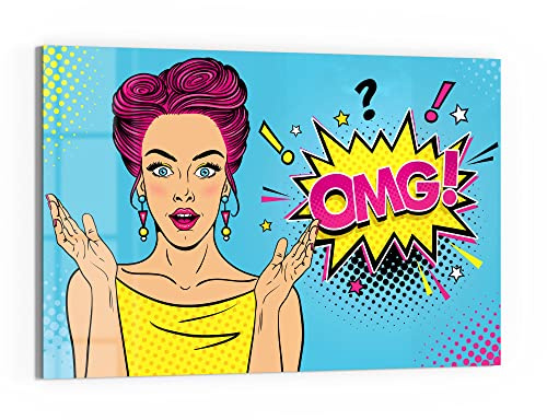 DEQORI Glasbild Echtglas | Motiv Comic-Frau erstaunt: OMG | horizontal einteilig 90x60 cm | schöne Dekoration | Wandbild für Wohnzimmer, Schlafzimmer, Flur & Küche | moderne Wanddeko