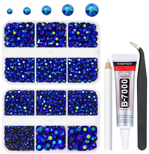 qiipii Sapphire Blue AB Resin Rhinestones w B7000 Glue for Bedazzling Crafting 2mm-6mm Black AB Flatback Jelly Stones Diamonds Gems for Face Eyes Makeup Tumblers Bottles Crafts Clothes Shoes Phones