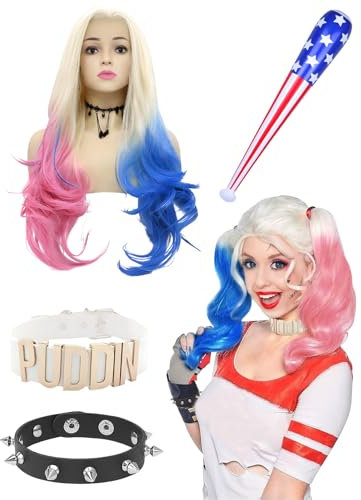 BIQIQI Quinn Kostüm Cosplay Perücke, Quinn Perücke mit Choker Puddin de Quinn Halskette Armband Aufblasbarer Stick Cosplay Zubehör Perücke für Damen Mädchen Halloween Karneval Cosplay