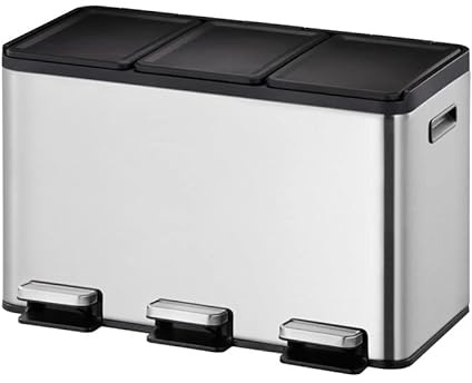 PROREGAL Rechteckiger Treteimer aus gebürstetem Edelstahl mit getrennten Soft-Close & Stay-Open Deckel | 10+10+10 Liter, HxBxT 37,1x59,5x32cm | Silber