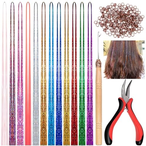 Keadic 214Pcs Fairy Hair Tinsel Kit, 12 Colours 2760 Strands Heat Resistant Glitter Hair Highlights with Tools for Festival Party Girls Women