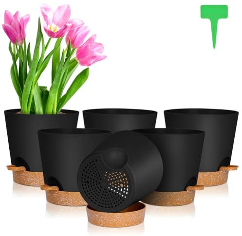 OFFCUP Lot de Pot de Fleur en Plastique, 6pcs Pots de Fleurs Auto-Arrosant, Pots de Plantes avec Trous De Drainage et Soucoupes Amovible pour d'Intérieur et d'Extérieur Jardins de Balcon -Noir 16,5cm