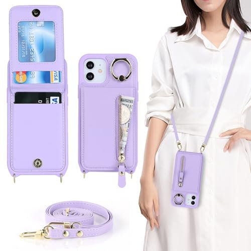 Zouzt for iPhone 12 Mini Case with Cord and Card Holde, Zipper Wallet Case with Crossbody Lanyard Ring Adjustable Necklace Protective Cover Women for iPhone 12 Mini 5.4 Inch - Purple