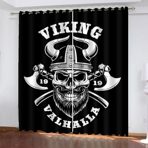 WIKINGER Gardinen mit ösen 2er Set B 200 X H 200 cm 3D Totenkopf Vorhang Blickdicht Kälteschutz Schallschutz Verdunkelung Wärmeisolierende Vorhänge für Wohnzimmer Schlafzimmer