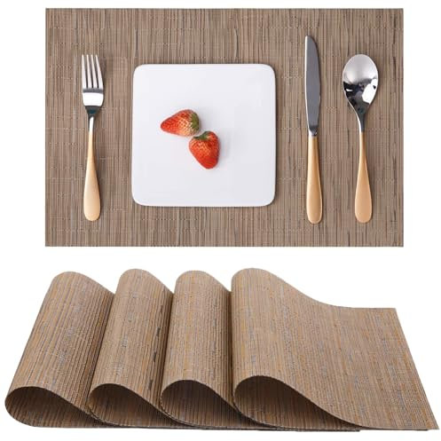 Myir JUN Tischsets Abwaschbar 4er Set, Gewebte Platzdeckchen rutschfest Abgrifffeste Hitzebeständig, Vinyl Platzsets Abwaschbar für küche Speisetisch Hotel, Platz-Matten30x43.5cm (Braun)