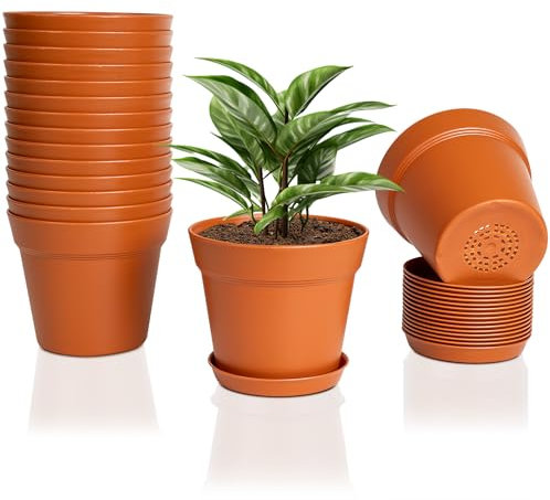 FORAGIFT Lot de 16 pots de fleurs en plastique de 15 cm avec trou de drainage et plateau - Pour légumes, fleurs, cactus, boutures, plantes grasses - Terre cuite