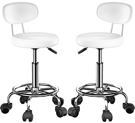 2 barhocker höhenverstellbar, Weiß drehbar Hocker für Haushalt Studio Salon | 360° drehstuhl mit rollen, 3-stufiger pneumatischer Hubarm von 46 bis 61 cm, Weiches Kunstledergewebe, für Praxis Werkstatt