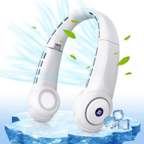 MQUPIN Neck Fan Portable, 6000mAh Rechargeable Foldable Neck Fans 360° Cooling with LED Display,3 Speed,Bladeless Wearable Stretchable Hands Free Personal Fan for Women Men (White)
