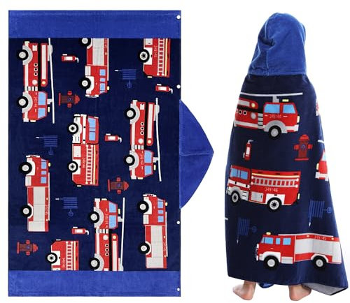 FLYISH DIRECT Serviette de Bain Enfants avec Capuche, Serviettes de Plage Enfant, Serviette Poncho Garcon and Fille, 127 x 76cm, Camion Rouge