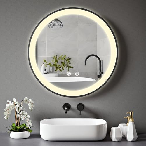 BELOFAY 600mm Black Framed Round Bathroom LED Mirror, Illuminated Bathroom Round Mirror with LED Lights Dimmable Anti-fog Shatter-Proof Tempered Wall Mirrors with Demister Pad (Stella)