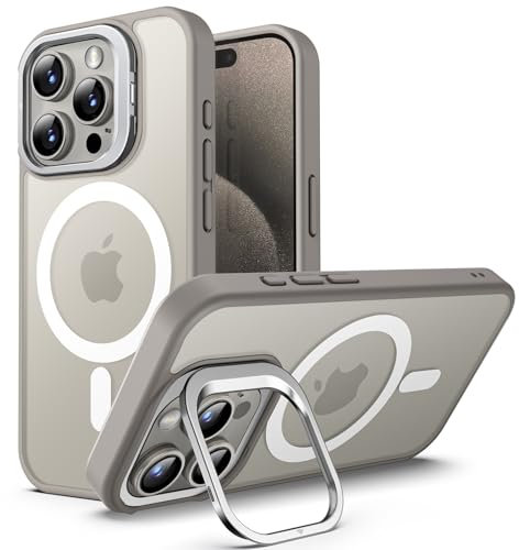 JETech Kickstand Case for iPhone 15 Pro 6.1-Inch Compatible with MagSafe, Built-in Adjustable Camera Stand, Translucent Matte Magnetic Back Slim Shockproof Phone Cover (Natural Titanium)