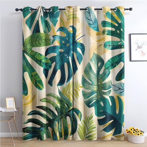Generisch Vorhänge Monstera Muster - Tropische Blätter Fenster Gardinen mit Ösen, Vorhang Blickdicht Verdunklungsvorhänge Thermovorhang für Wohnzimmer Schlafzimmer Deko 2er Set, H 166 x B 75 cm H-#35