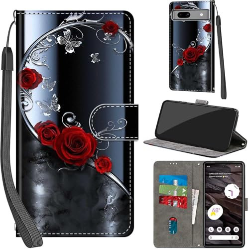 Handyhülle für Google Pixel 7A Hülle PU Leder Schutzhülle Klappbar mit Kartenfach Ständer Handytasche mit Kameraschutz Flip Case Klapphülle für Google Pixel 7A, silberner Schmetterling