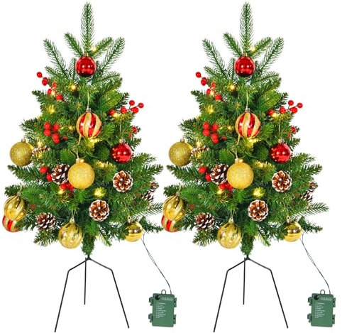 2PK Prelit Lighted Christmas Trees for Porch Outdoor 30 inch120 LED Prelit Light Up Battery Powered Christmas Trees for Pathway Flowerpot with Timer Function Auto On/Off 8 Mode Lighting