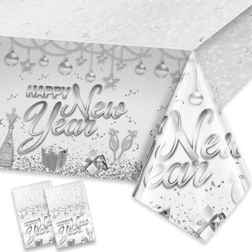 HOWAF 2 Tischdecke Silvester Deko 2025, Silvester Tischdecke Einweg-Kunststoff-Tischdecken, Happy New Year Rechteck Tischdecken für Neujahr Silvester Tischdeko, Happy New Year Deko 2025, Silber