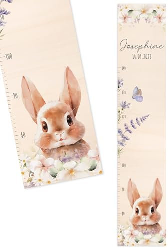 Bärenfreunde® - Personalisierte Messlatte Kind Holz zum Kleben oder Aufhängen - Skala 70-140cm - Süße Dekoration für Baby- & Kleinkinderzimmer (Kinder 70-140cm, Hase Blumen)