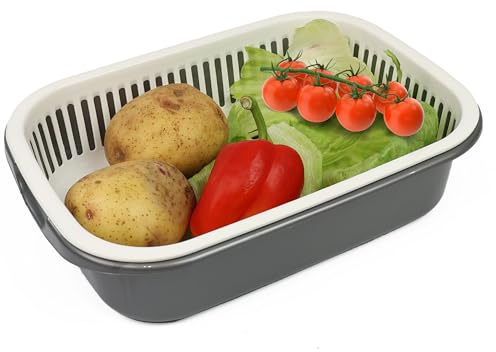 DIVCHI Colander Food Strainer Kitchen Bowl Sets Double-layer Detachable Fruits Washing Basket | Washing Bowl | Food Strainers | Colander | Vegetables Drainer (Grey)