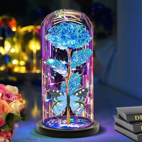 Christmas Rose Gift For Women Mom Grandma Sister Her Wife Girlfriend Gifts, Glass Rose Flower Gifts,Light Up Rose In Glass Dome, Galaxy Blue Butterfly Rose in Glass Dome,Birthday Gifts For Women