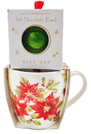 Lesser & Pavey Christmas Poinsettia Mug with Hot Chocolate Bomb - Gift Idea for Christmas Xmas - Christmas Themed Mug, Gift, UK Design, Hot Drinks, Tea, Coffee - Christmas Drinkware - Christmas Mug