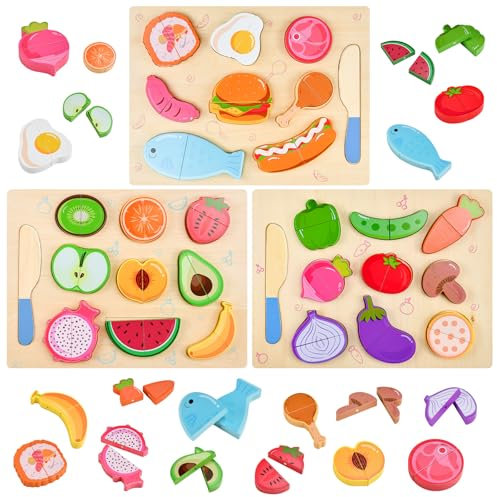 KNGNGK 29 Pièces Fruits et Légumes à Couper en Bois, Cuisine Enfant, Jeu d'Imitation, Jouet Alimentaire pour Cadeau, Anniversaire, Garçon et Fille