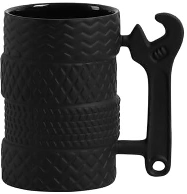 Youany Tire Shaped Ceramic Mug, Creative Cup with Wrench Handle, Mechanic Themed Ceramic Mug with Tyre Shaped Textured Design, Tyre Mug for Coffee and Tea