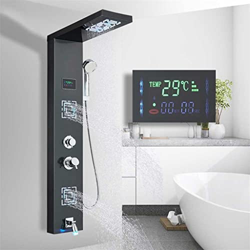 Black LED Light LCD Shower Faucet Bathroom SPA Massage Shower Column System Waterfall Rain Shower Panel with Temperature