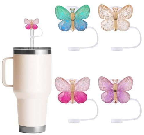 BOXOB 4pcs Butterfly Straw Cover Cap for Stanley Cup Accessories, 10mm Cute Glitter Water Bottle Drinking Straw Toppers Silicone Tips Protectors for Tumbler 40&30oz