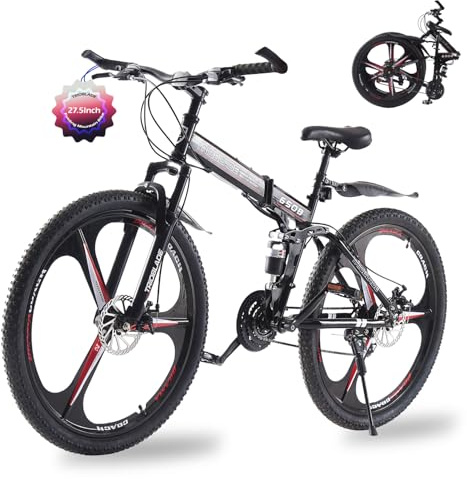 TRIOBLADE 24/26/27.5'' Folding Mountain Bike 21Speed Foldable Mountain Bicycle with Dual Disc Brakes 3 Spoke Wheels Mountain Bikes Dual Suspension Design for Adult Men Women