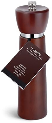 TLYSXPRO Wooden Pepper Grinder – Refillable Pepper Mill with Adjustable Upgraded Large Size Ceramic Burr – Manual Salt Grinder with Beech Wood Body – 8.3” Tall (Chestnut)