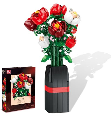 Blumenstrauß Bauset, 761PCS Rosen, Tulpen, Sonnenblumen mit Vase, Botanische Deko für Zuhause, Geschenk für Erwachsene und Kinder