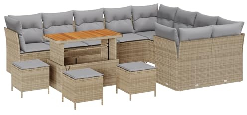 vidaXL 13-teiliges Garten-Sofa-Set mit Kissen in Beige aus Poly Rattan – Modulare Gartenmöbel für Balkon und Terrasse, ideal zum Entspannen und Sitzen, Moderne Sofas und Stühle aus Akazienholz