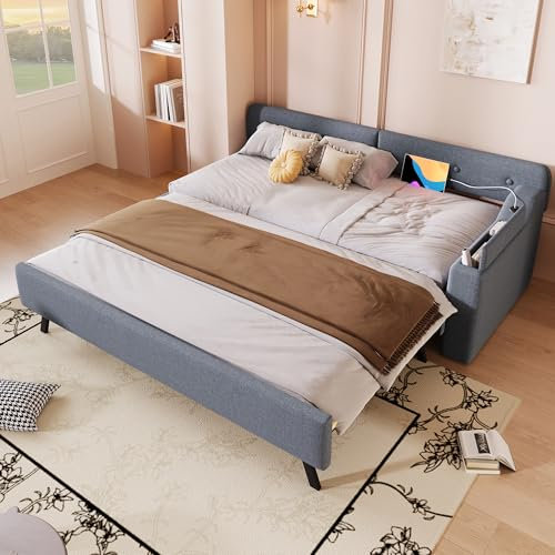Rtopsu Polsterbett Kinderbett 90x200 cm, Schlafsofa mit Ausziehbett und USB-C, Jugendbett Einzelbett mit Staufach Stauraum, Sofabett Bettgestell mit Lattenrost aus Holz, Grau, Ohne Matratze