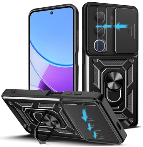 Loyhee Funda para Vivo Y19s 4G (6.68), Protección de la Cámara Carcasa con Cubierta de Cámara Deslizante y Soporte de Anill PC Dura y TPU Silicone Anti-Choque Case – Negro