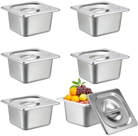 SUMNACON 6pcs Stainless Steel 1/6 Size Steam Table Pan with Lid, 10cm Deep | Food Service Organizer Hotel Pan Storage Catering Plate Kitchen Dining Plate Storage Pan for Restaurant Buffet Party