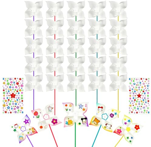 Xerteam 30 Pack DIY Pinwheel Craft Kit for Kids – Decorate Your Own Paper Windmills with Rhinestone Stickers, Coloring Pinwheels for Parties, Classrooms, Spring & Easter Crafts (6 Inch)
