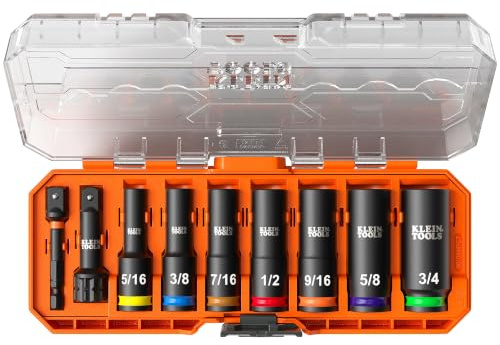 Klein Tools 65109IMPCT KNECT Deep-Well 3/8-Inch Drive Impact Socket Set, SAE, 9-Piece Tool Set with Impact Driver Adapter, Multi-Purpose Wrench Adapter, Color-Coded, MODbox Socket Organizer