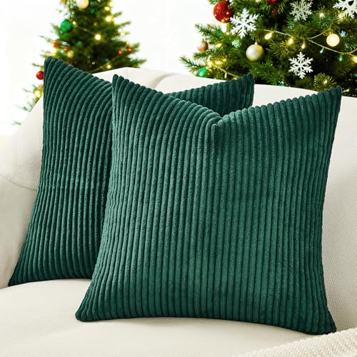 Topfinel Kissenbezug 80x80 Dunkelgrün Kordsamt 2er Set Gestreiftes Muster Kissenbezüge Kissenhülle Dekokissen Sofakissen Couchkissen Dekokissen Zierkisse
