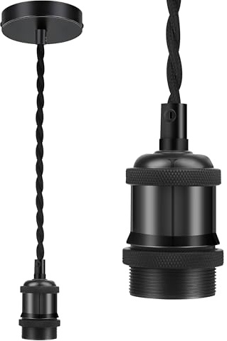 Licperron Vintage Pendant Light Fitting Kit, Black Braided Flex Ceiling Lamp, E27 Light Fitting Kit - Black. 1pack